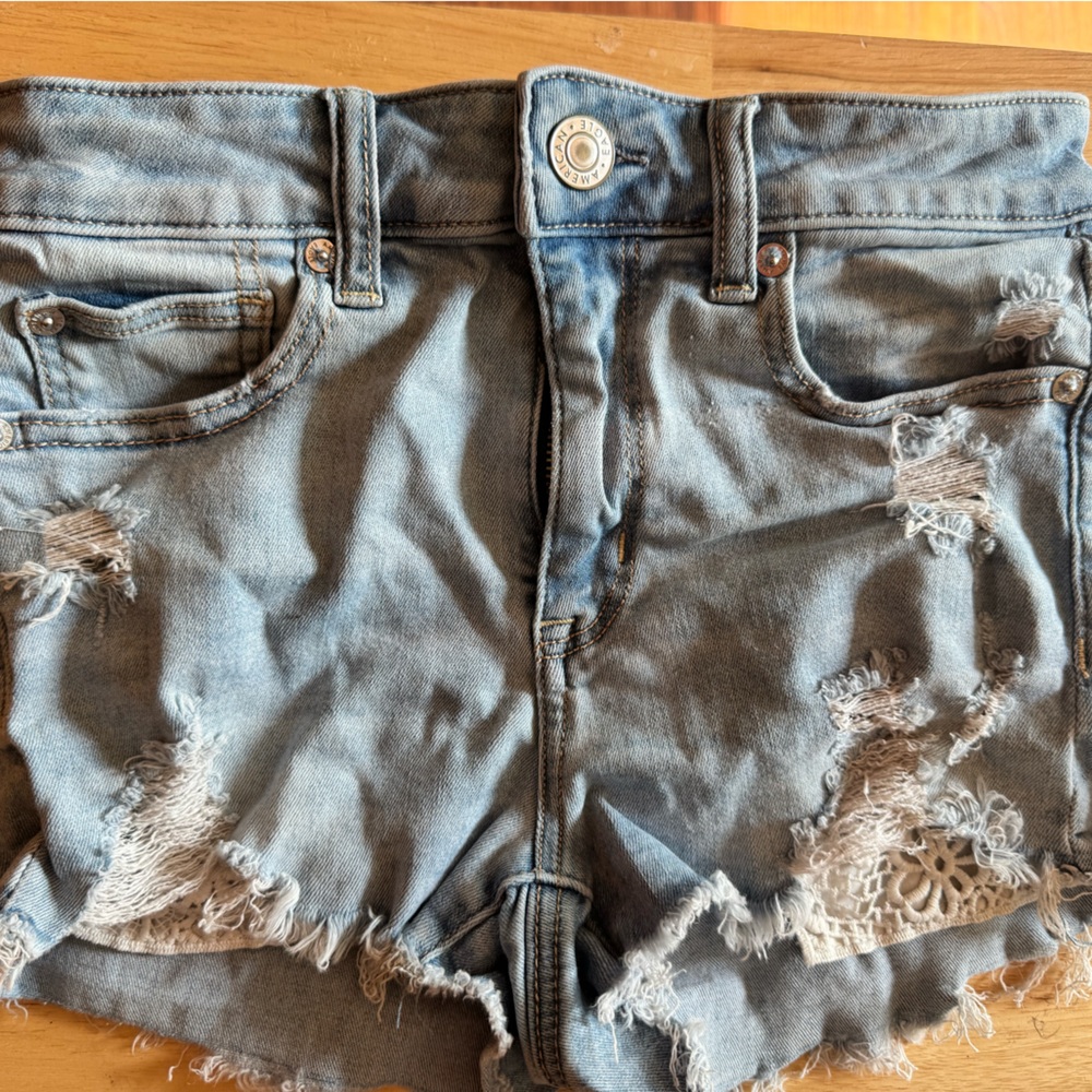 American Eagle Outfitters High Waist Distressed Denim Shorts - Blue
